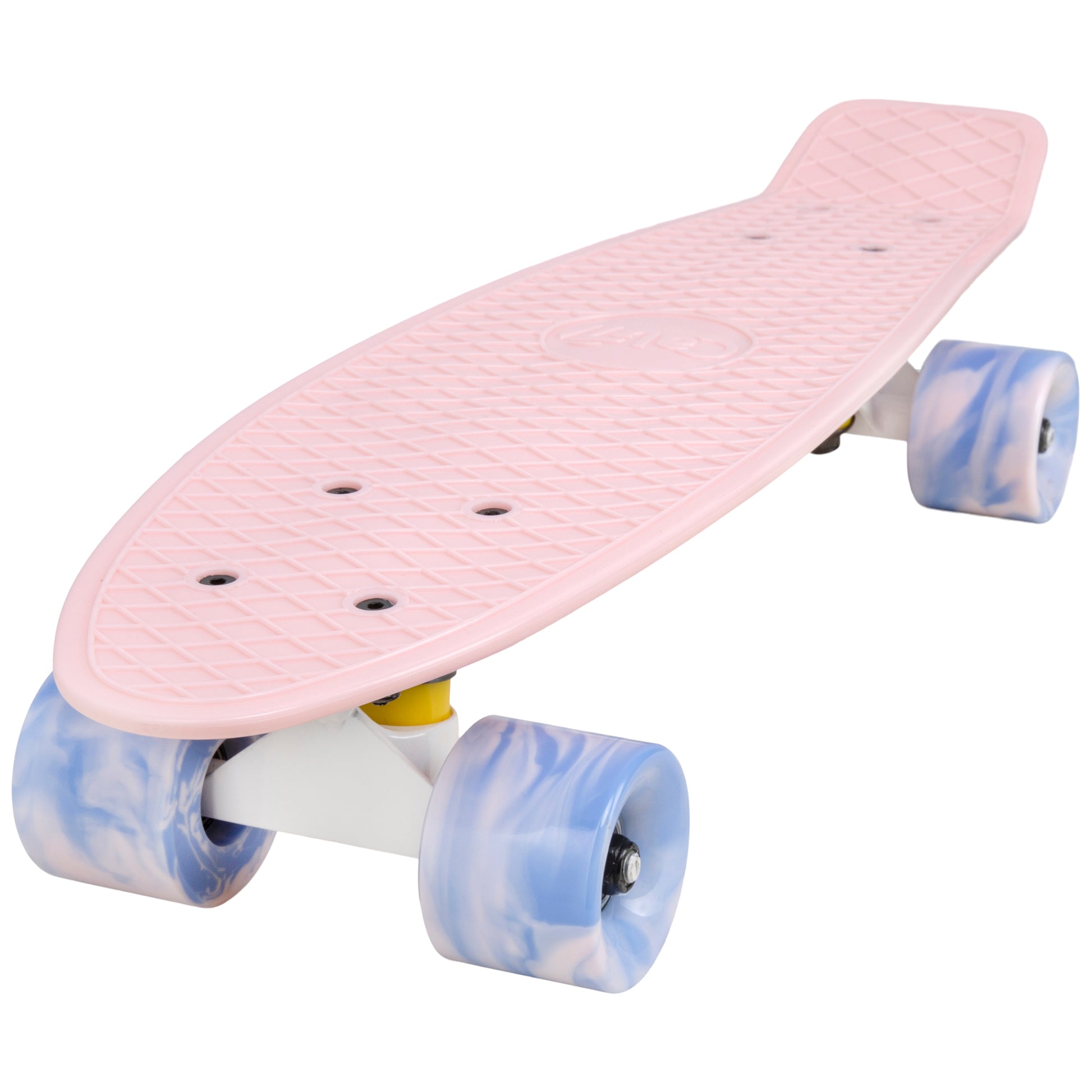 Cal 7 Lotus 22.5” Mini Cruiser with Swirl Wheels: a plastic pastel pink deck with 60mm 78A blue and light pink swirl wheels. 