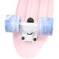 Cal 7 Lotus 22.5” Mini Cruiser with Swirl Wheels: a plastic pastel pink deck with 60mm 78A blue and light pink swirl wheels. 