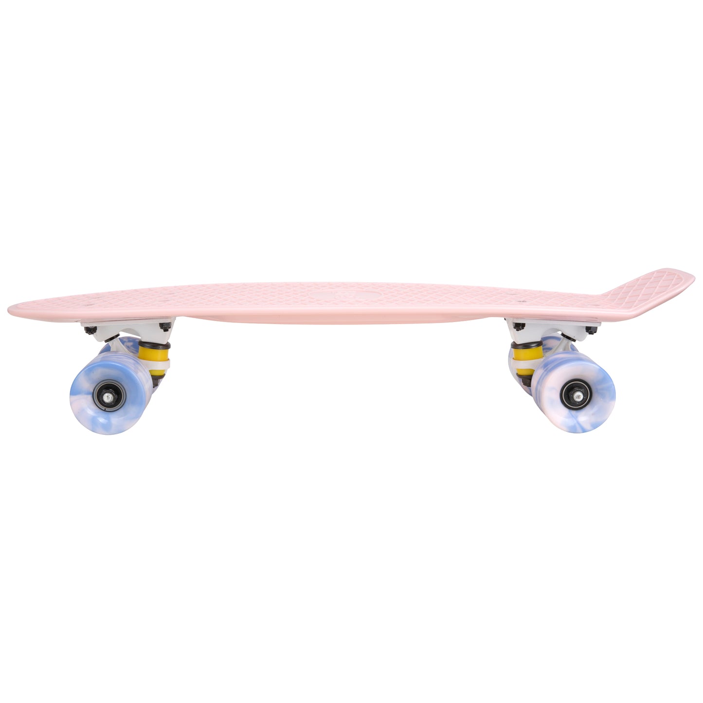Cal 7 Lotus 22.5” Mini Cruiser with Swirl Wheels: a plastic pastel pink deck with 60mm 78A blue and light pink swirl wheels. 