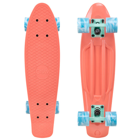 Cal 7 Melrose  22.5” Mini Cruiser with Swirl Wheels features a bright coral plastic deck, 78A blue & white swirl wheels. 