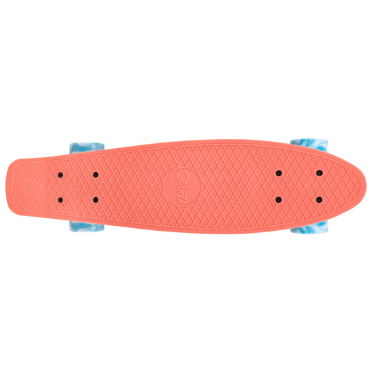 Cal 7 Melrose  22.5” Mini Cruiser with Swirl Wheels features a bright coral plastic deck, 78A blue & white swirl wheels. 