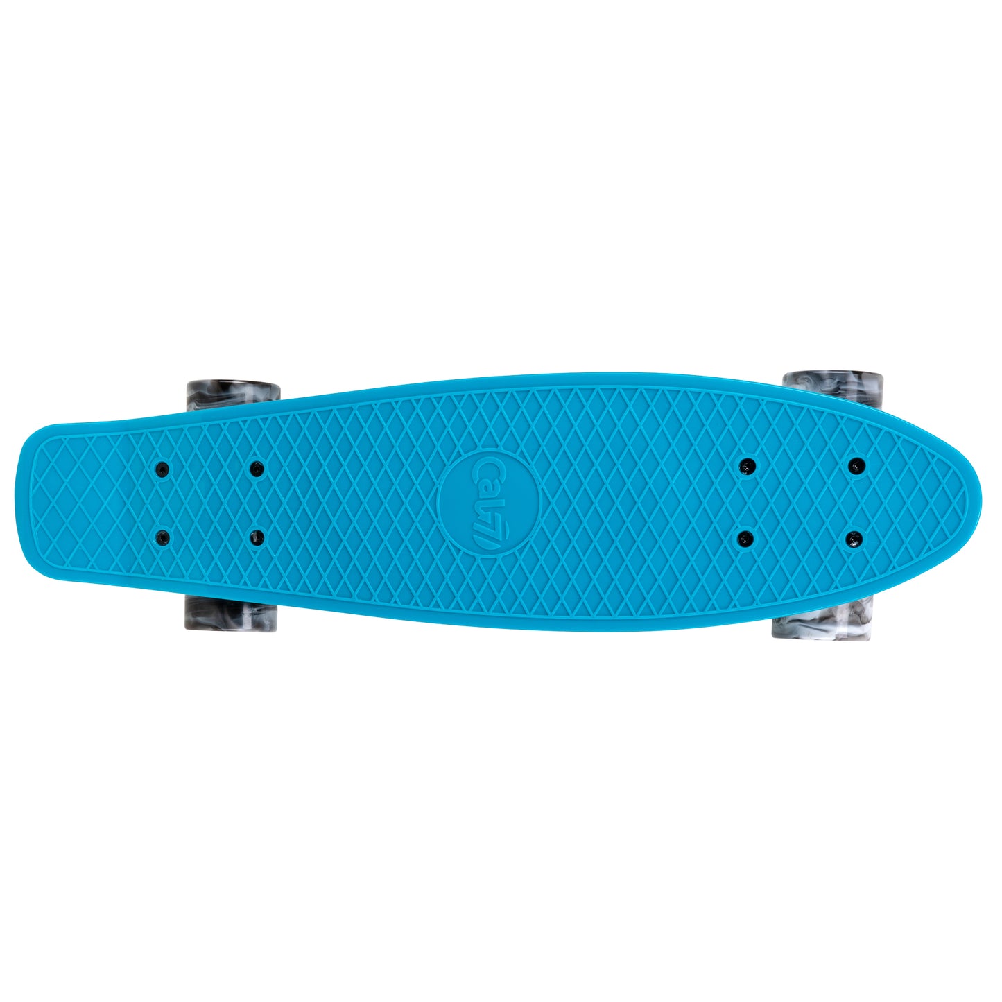 Cal 7 Oceanic 22.5” Mini Cruiser with Swirl Wheels -featuring a muted blue plastic deck, 78A black and white wheels. 