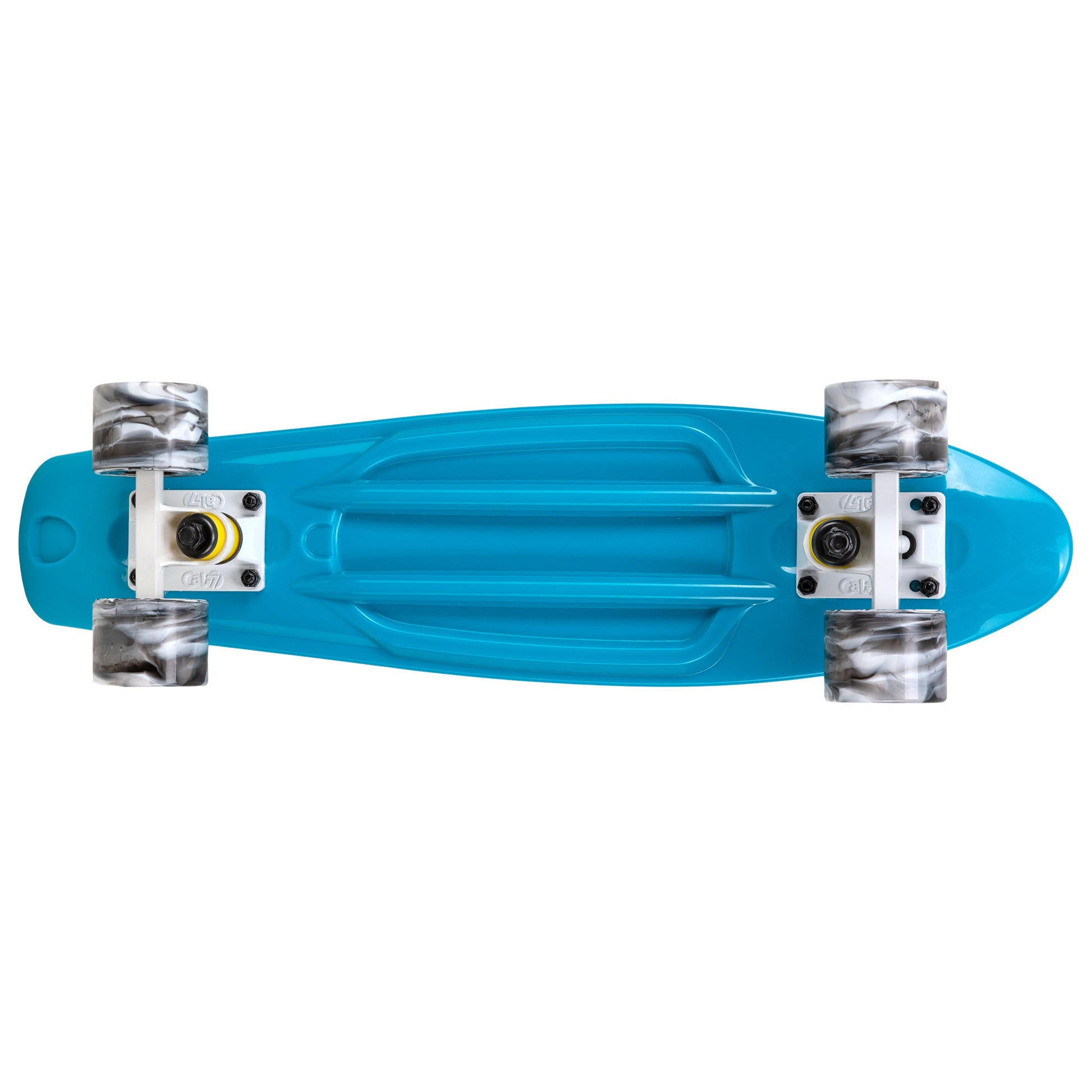 Cal 7 Oceanic 22.5” Mini Cruiser with Swirl Wheels -featuring a muted blue plastic deck, 78A black and white wheels. 