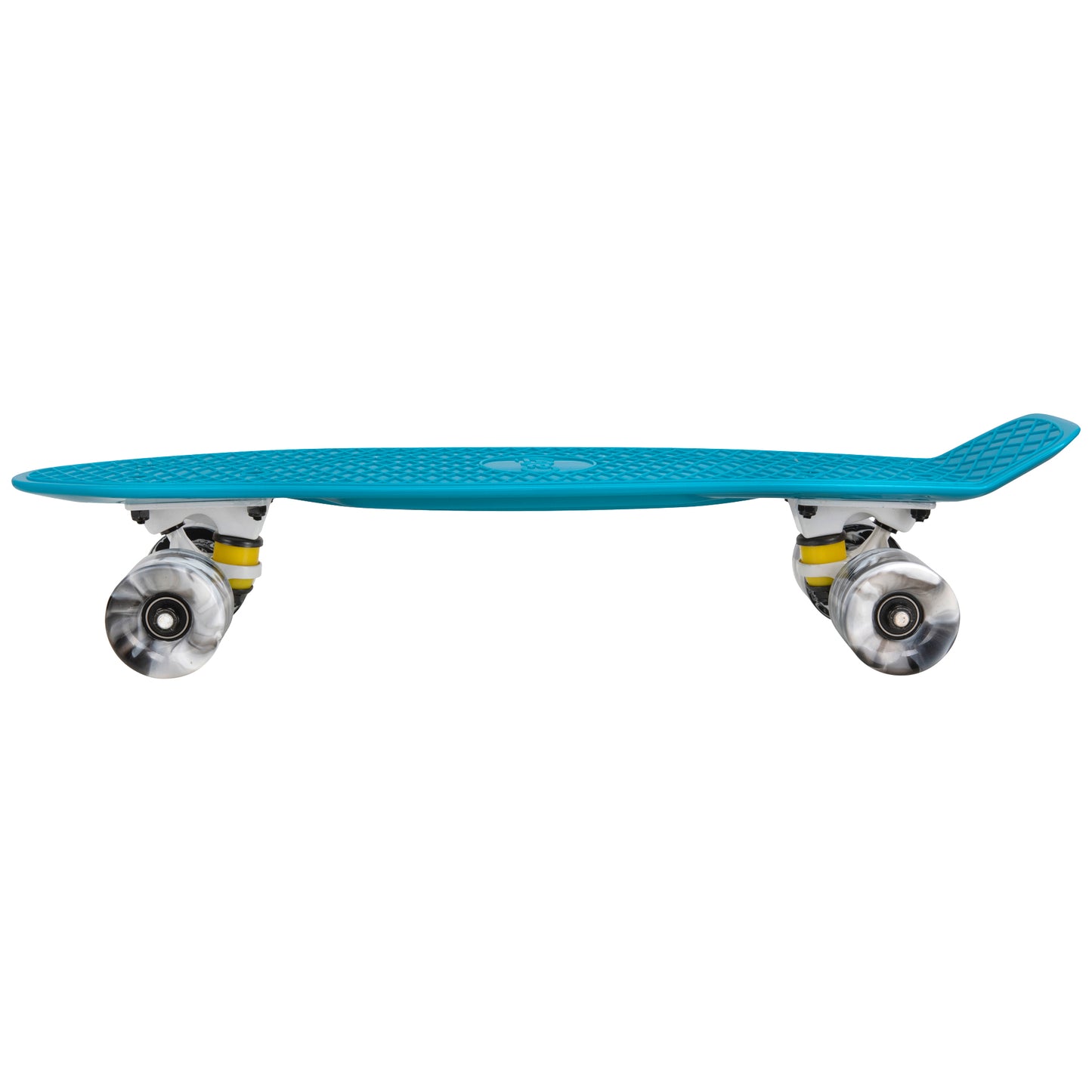 Cal 7 Oceanic 22.5” Mini Cruiser with Swirl Wheels -featuring a muted blue plastic deck, 78A black and white wheels. 