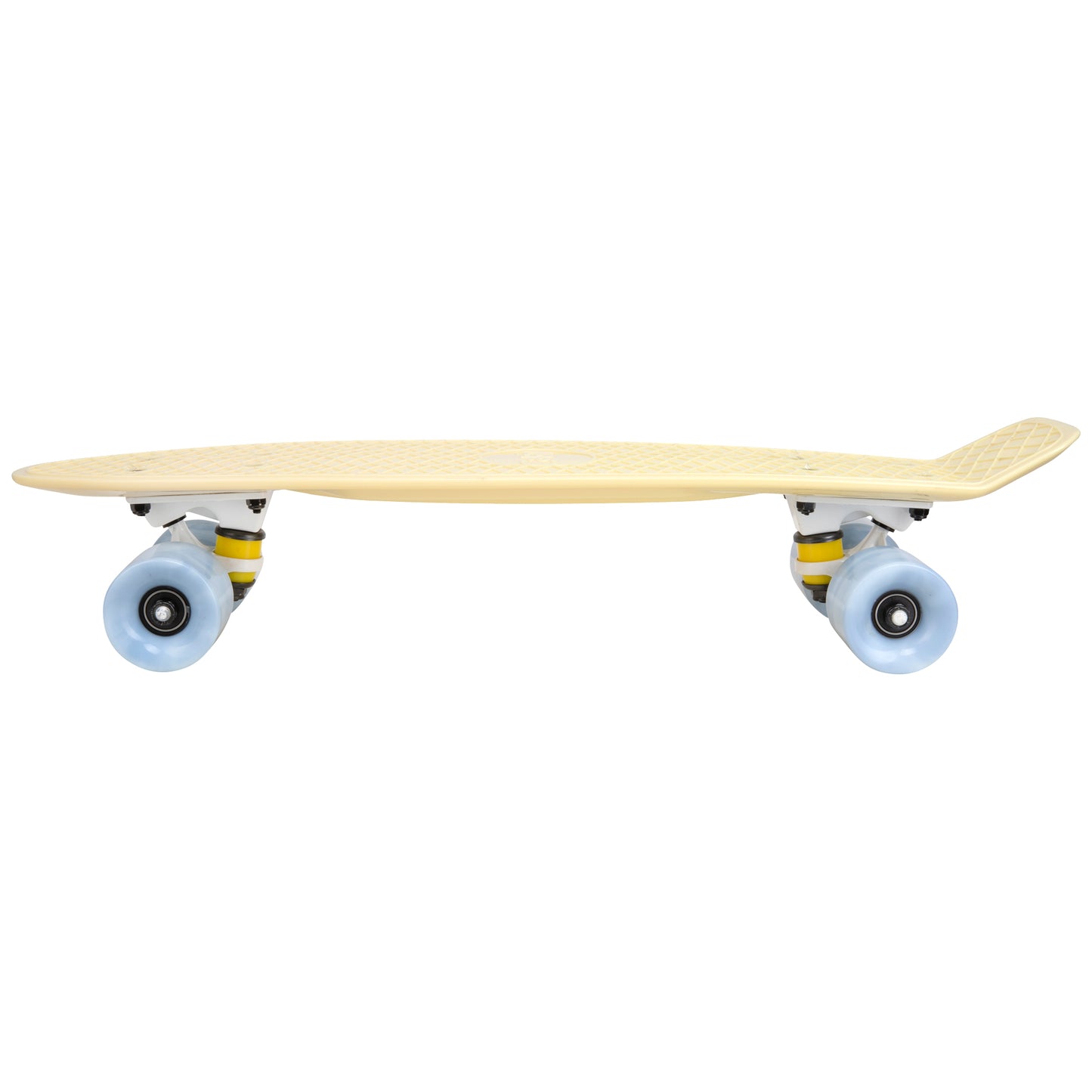 Cal 7 Snowdrop 22.5” Mini Cruiser with Swirl Wheels - featuring a pastel yellow plastic deck with 78A grey swirl wheels. 