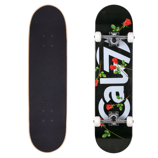 Cal 7 complete 8-inch skateboard with black fallout graphic with red roses