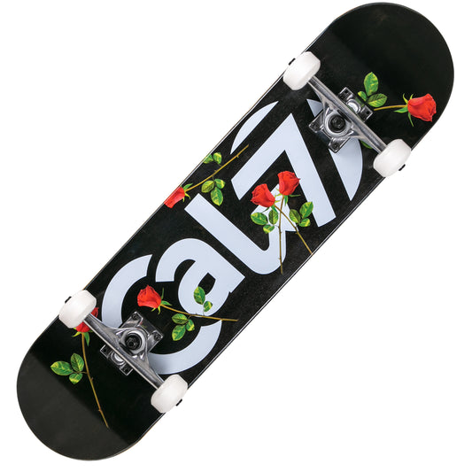 Cal 7 complete 8-inch skateboard with black fallout graphic with red roses