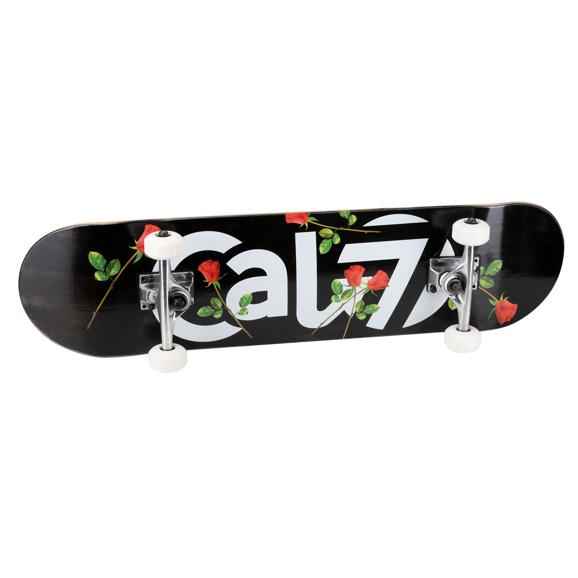 Cal 7 complete 8-inch skateboard with black fallout graphic with red roses