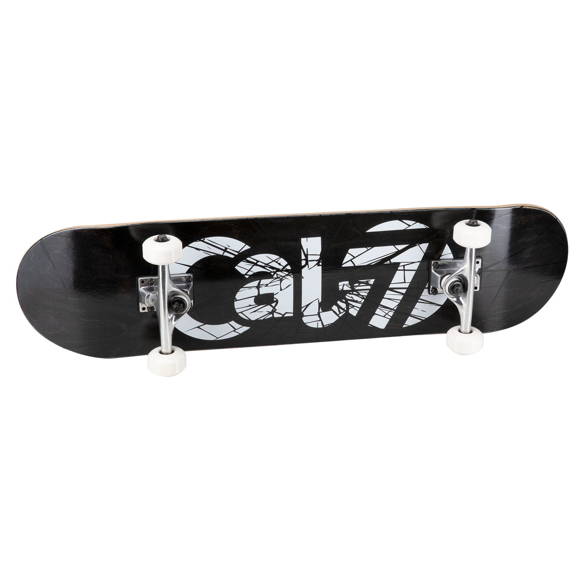 ): Cal 7 complete 8-inch Heist skateboard with black deck and glass shattered graphic