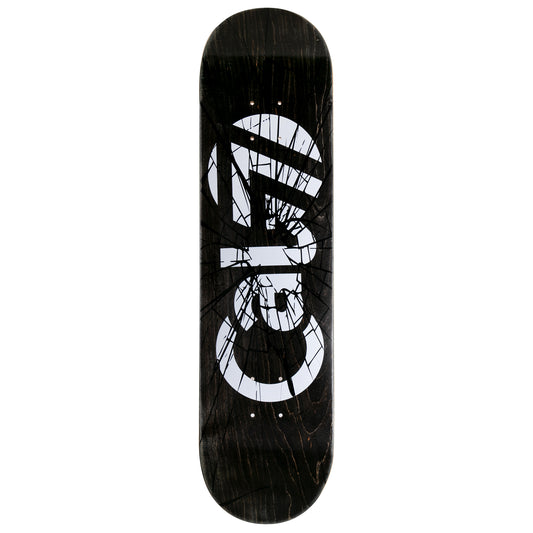 Cal 7 Heist skateboard deck with white Cal 7 logo on a black background and a shattered-glass graphic