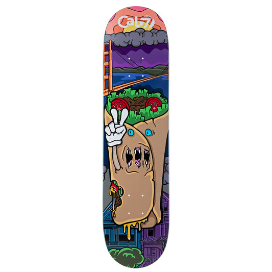 Cal 7 Zomburrito deck with San Francisco munchie takeover art on a semi-cold-press 7-ply popsicle, medium concave deck 