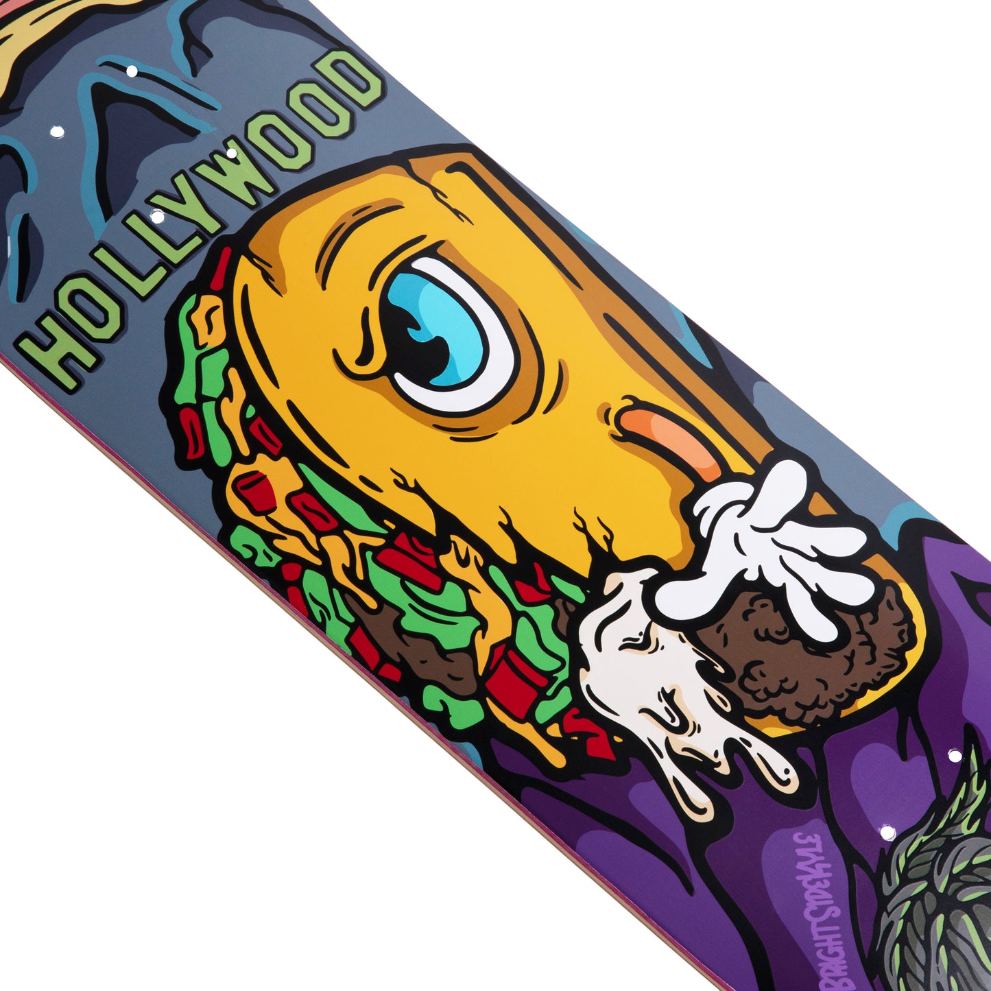 Cal 7 Taco Terror deck with Hollywood munchie takeover art on a semi-cold-press 7-ply popsicle, medium concave deck 