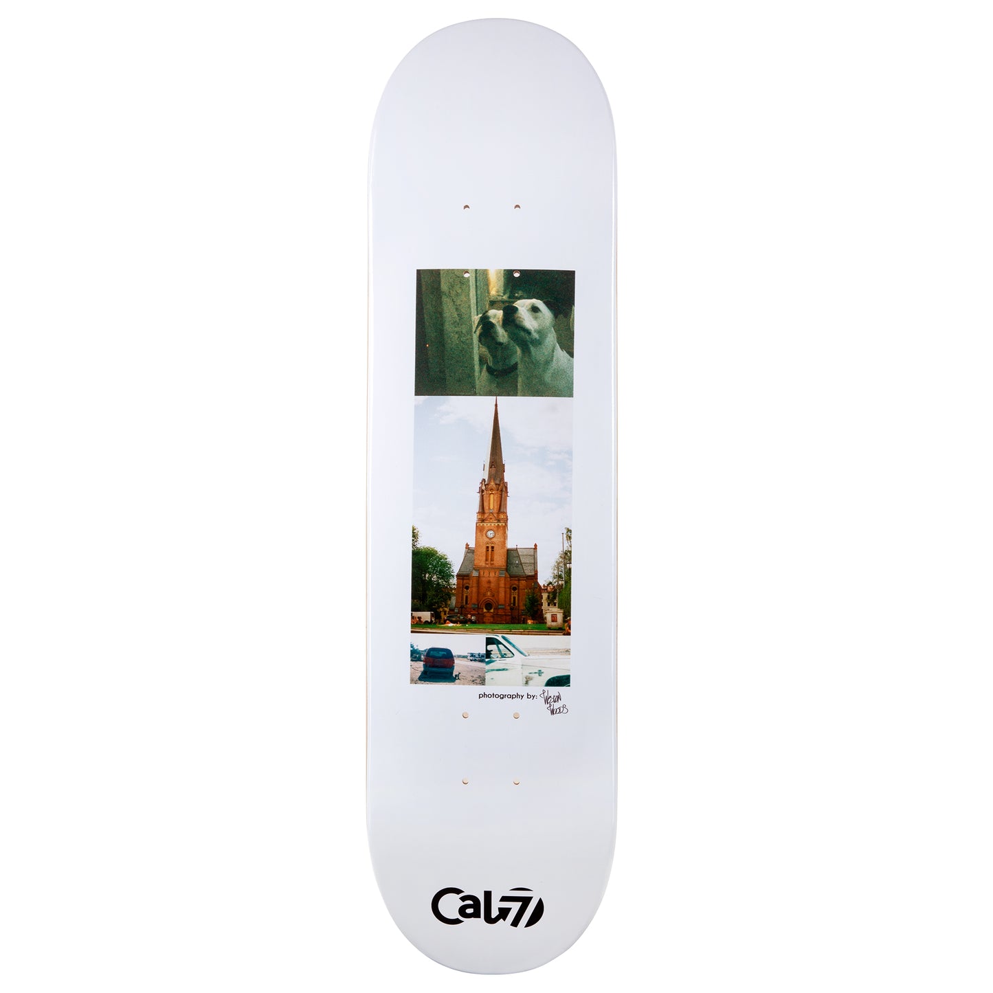cold pressed cal 7 skateboard deck with snapshot graphic featuring a chapel