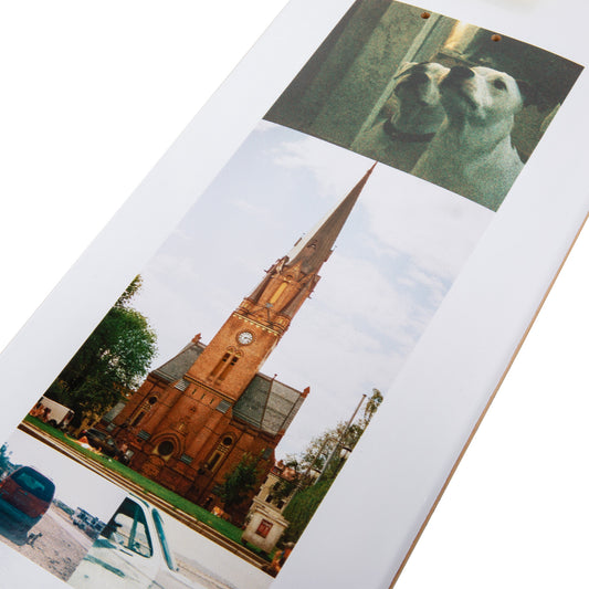 cold pressed cal 7 skateboard deck with snapshot graphic featuring a chapel