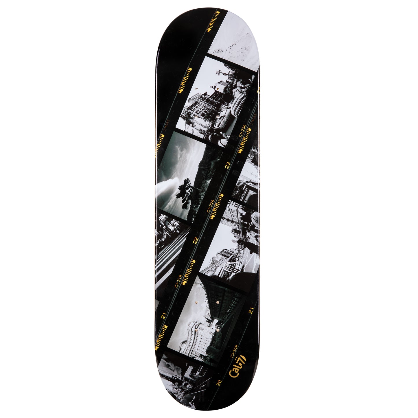 cold pressed cal 7 skateboard deck with negative film graphic