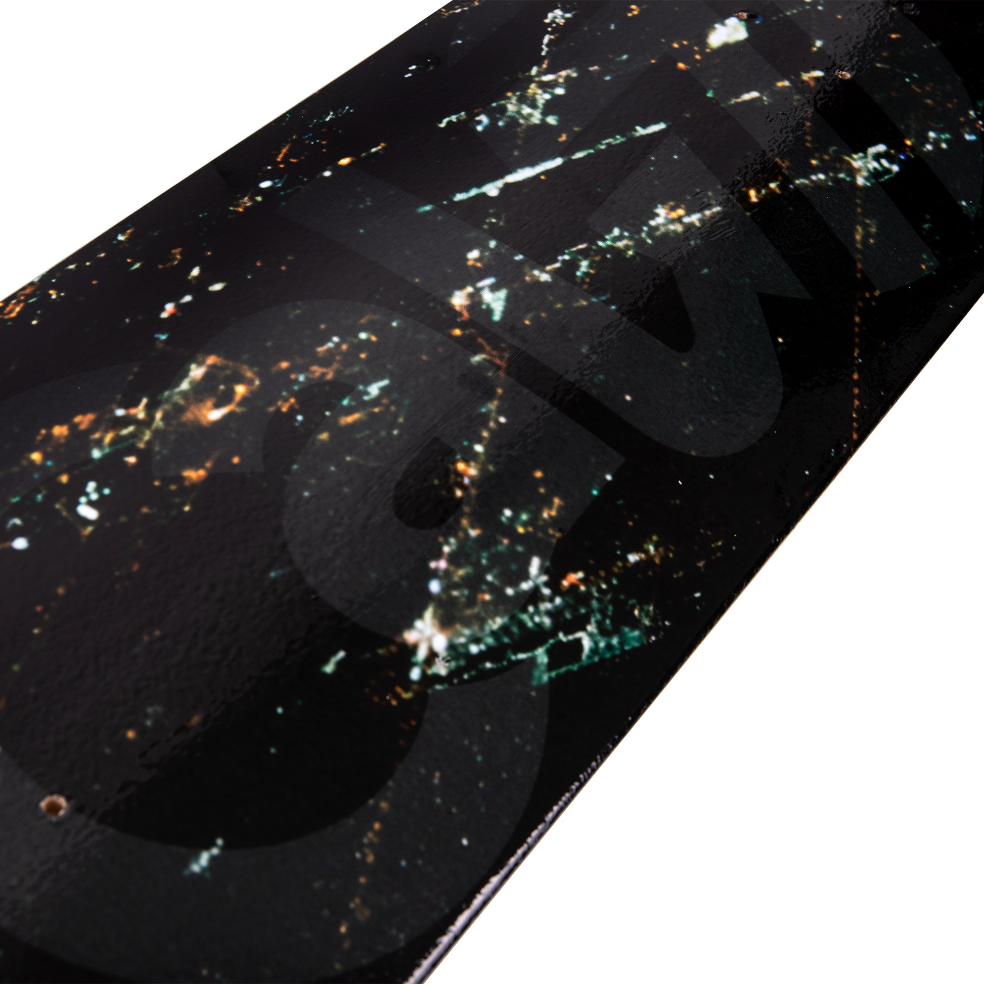Cal 7 Takeoff 7.75”/8”/ 8.25”/8.5”-Inch Skateboard Deck with aerial night shot of Los Angeles and logo watermark design