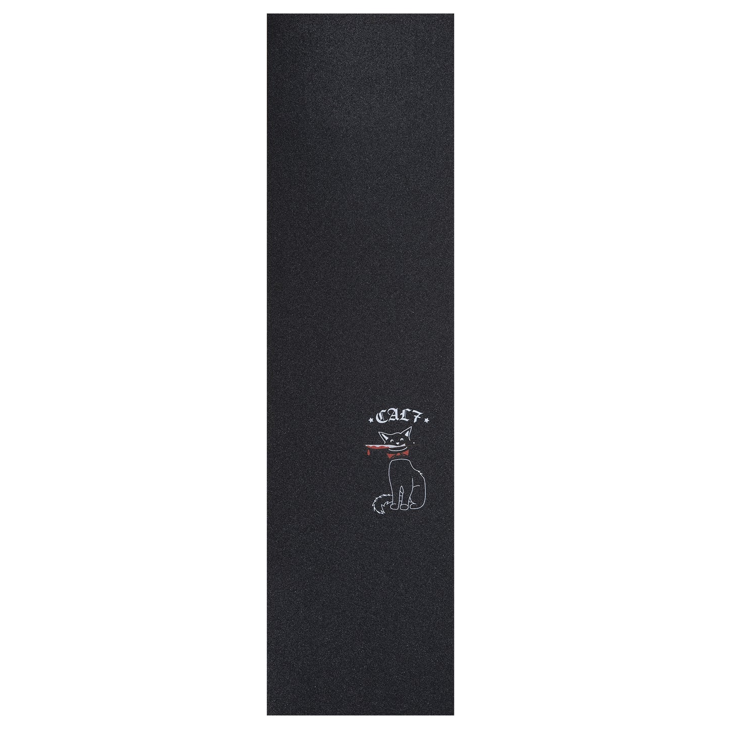 Cal 7 black skateboard griptape with knife-wielding cat design