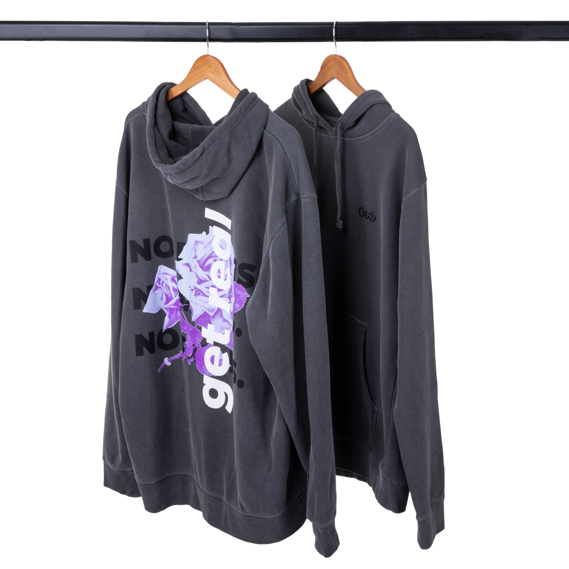 Cal 7 Get Real Oversized Hoodie Sweatshirt in Grey with Purple & Blue Floral Print 