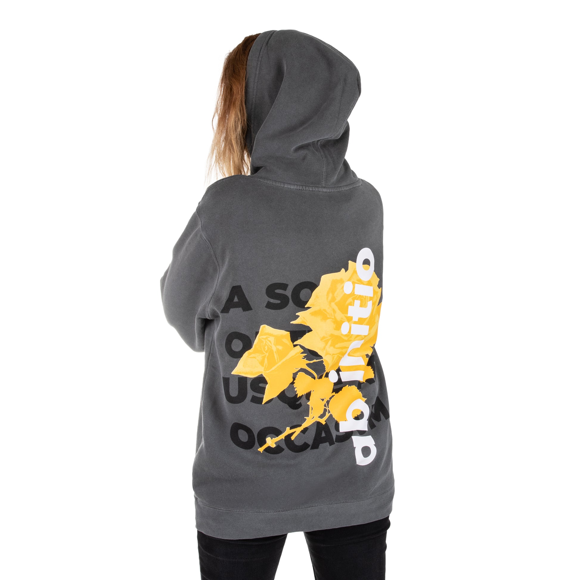Cal 7 Latin Motto Oversized Hoodie Sweatshirt in Grey with Yellow Floral Print 