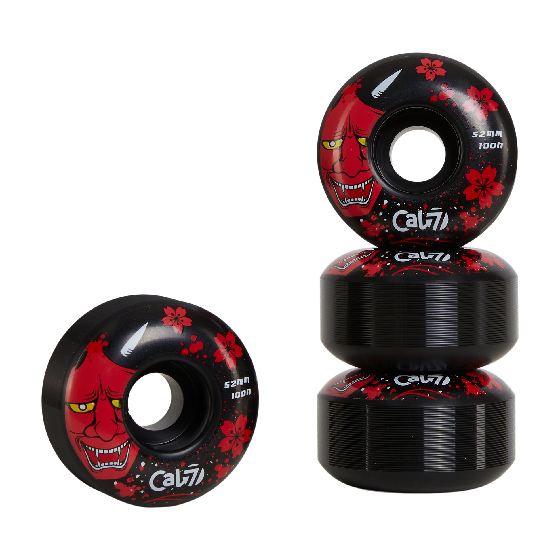 Cal 7 52mm 100A black skateboard wheels with Oni Japanese folklore illustration