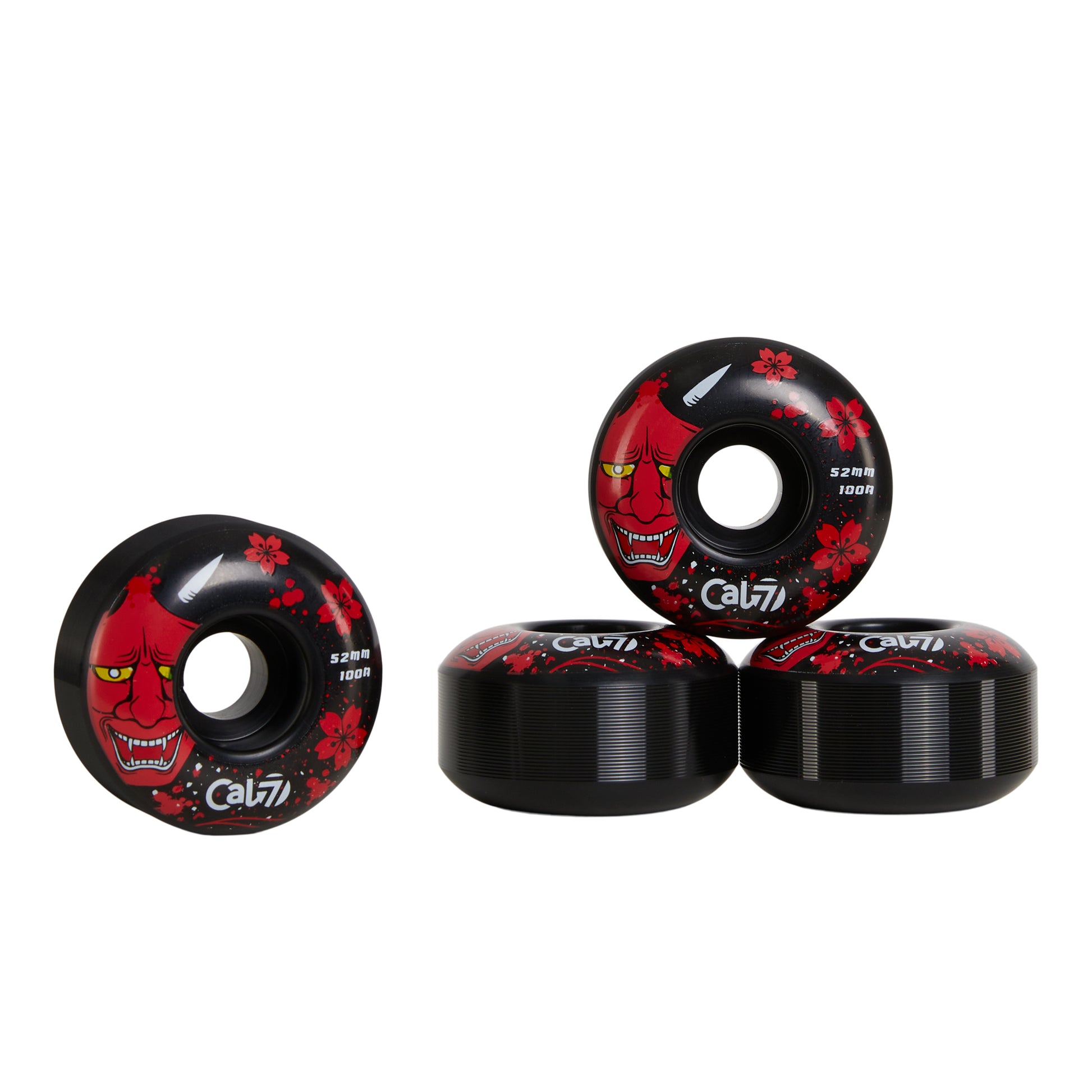 Cal 7 52mm 100A black skateboard wheels with Oni Japanese folklore illustration