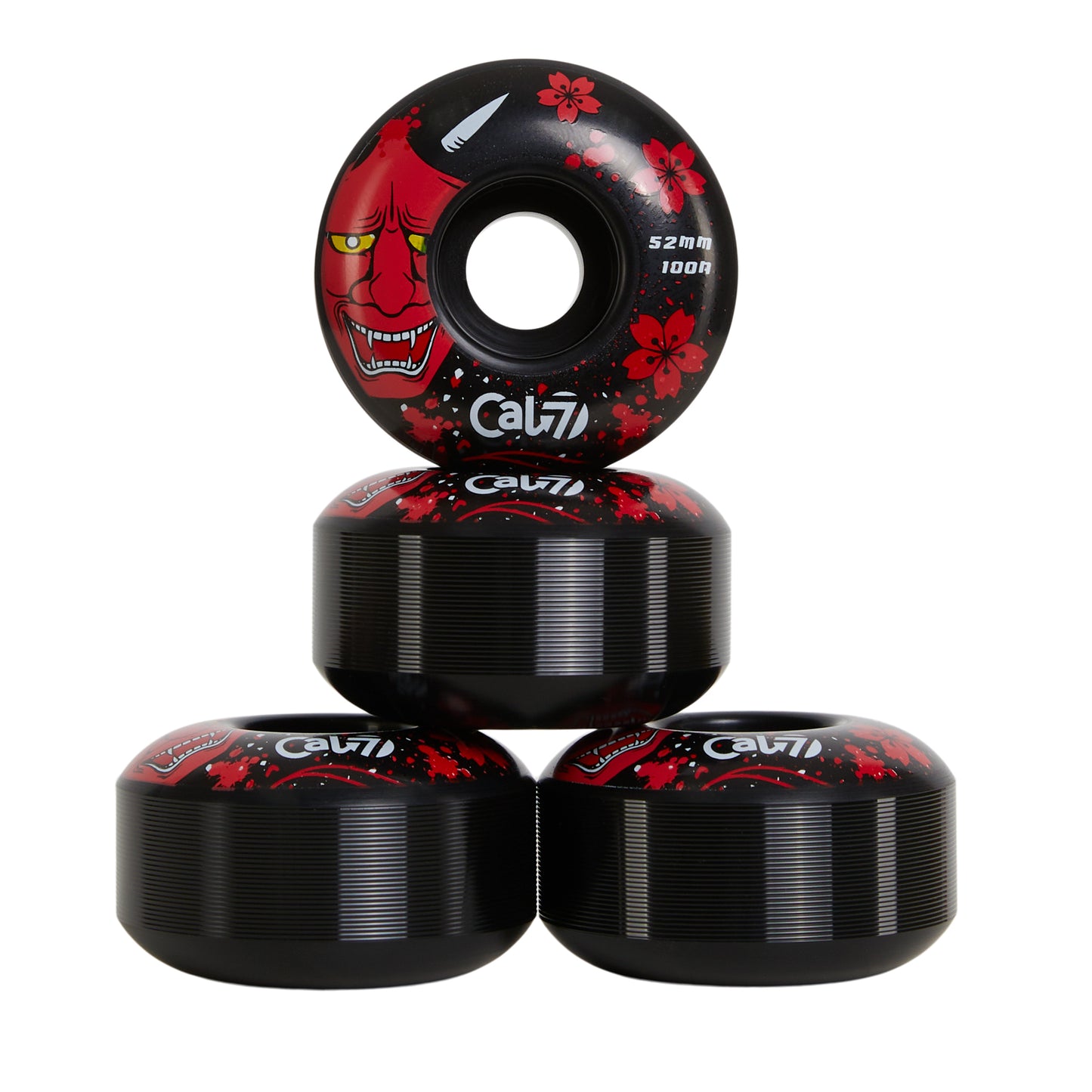 Cal 7 52mm 100A black skateboard wheels with Oni Japanese folklore illustration