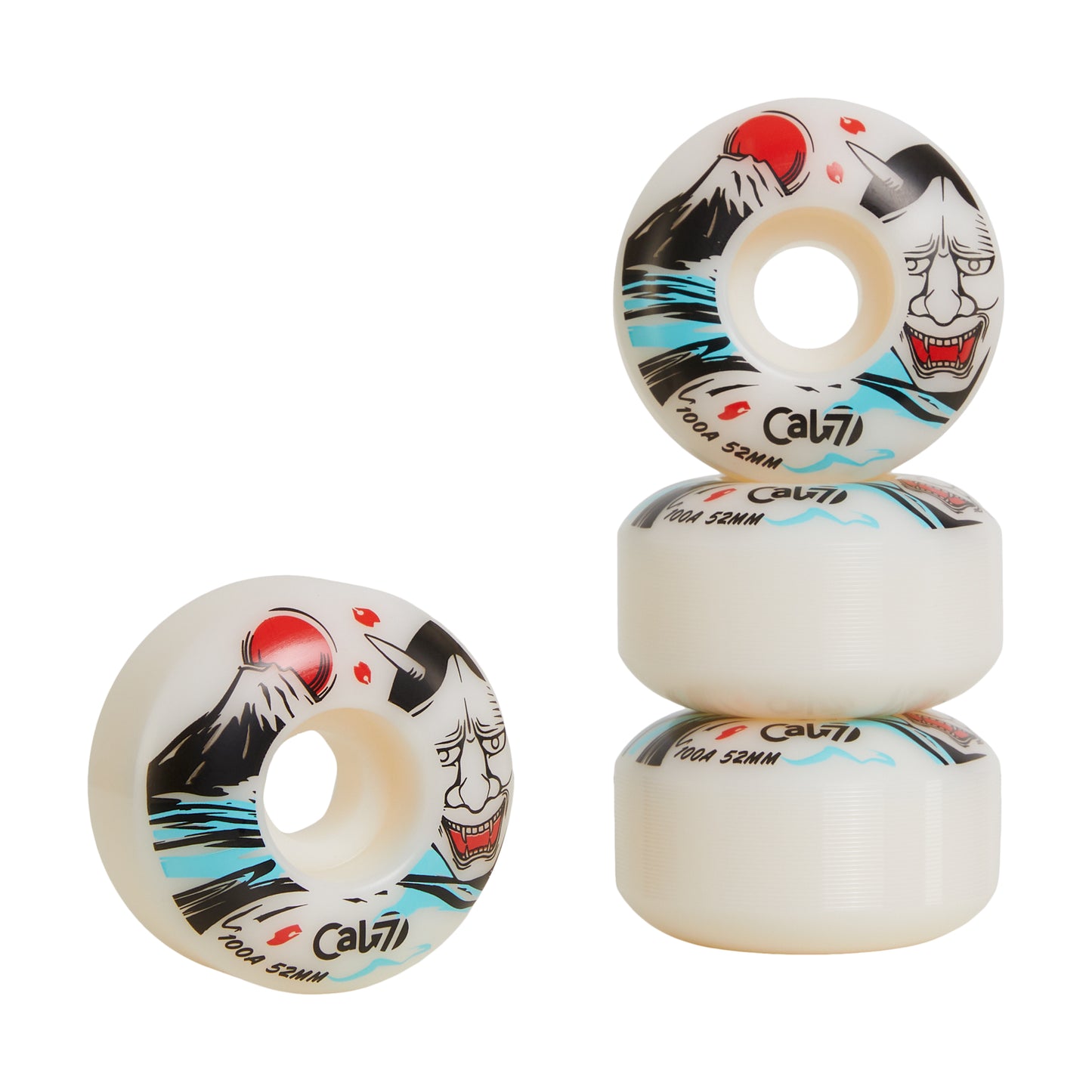 Cal 7 52mm 100A white skateboard wheels with Oni Japanese folklore illustration