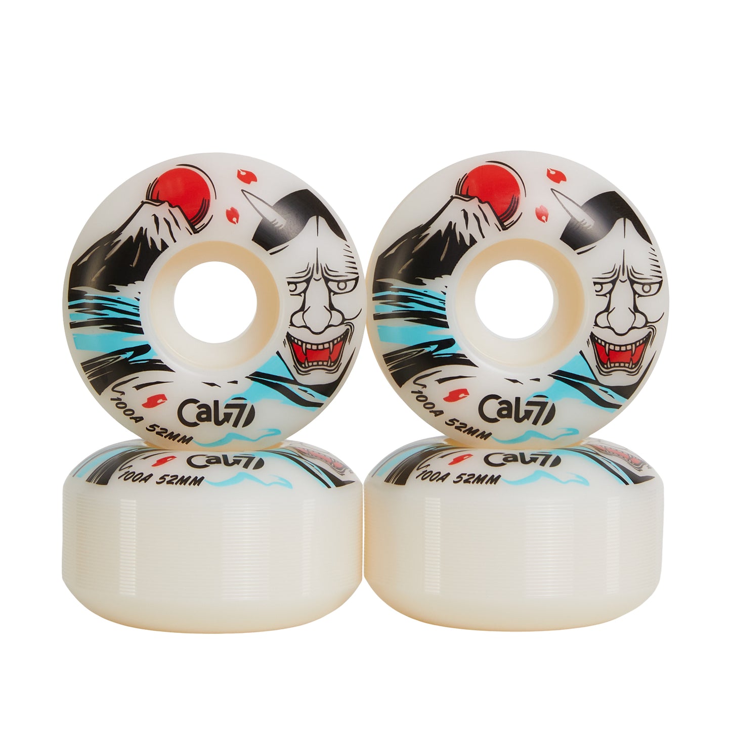 Cal 7 52mm 100A white skateboard wheels with Oni Japanese folklore illustration