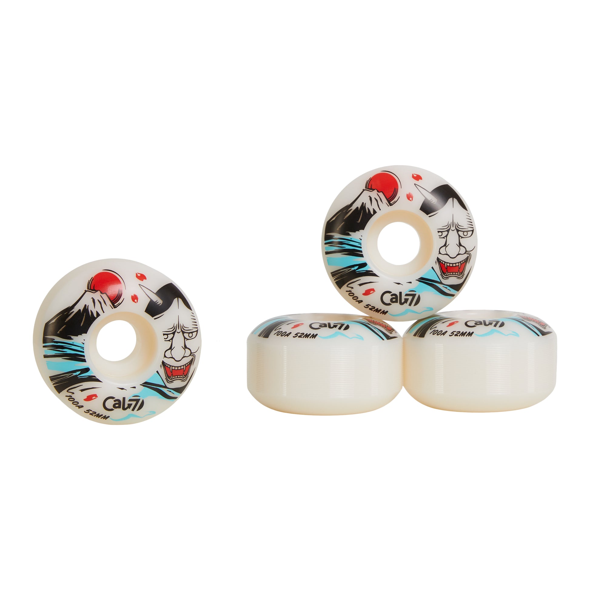 Cal 7 52mm 100A white skateboard wheels with Oni Japanese folklore illustration