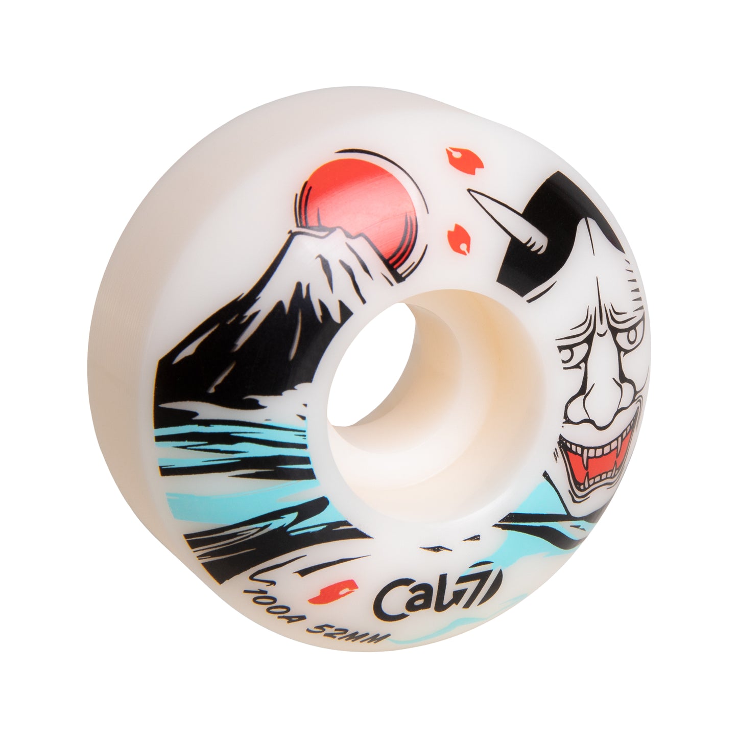 Cal 7 52mm 100A white skateboard wheels with Oni Japanese folklore illustration