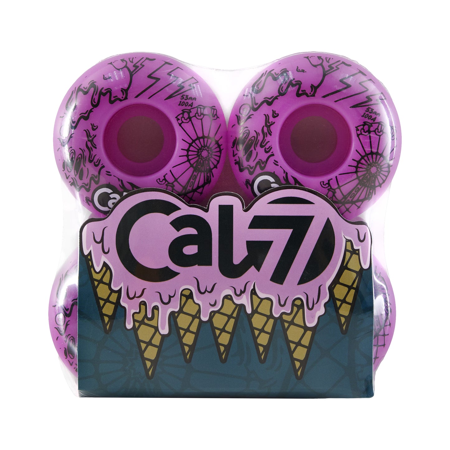 Cal 7 Frenzy 53mm 100A pink skateboard wheels with ice cream linear art design 