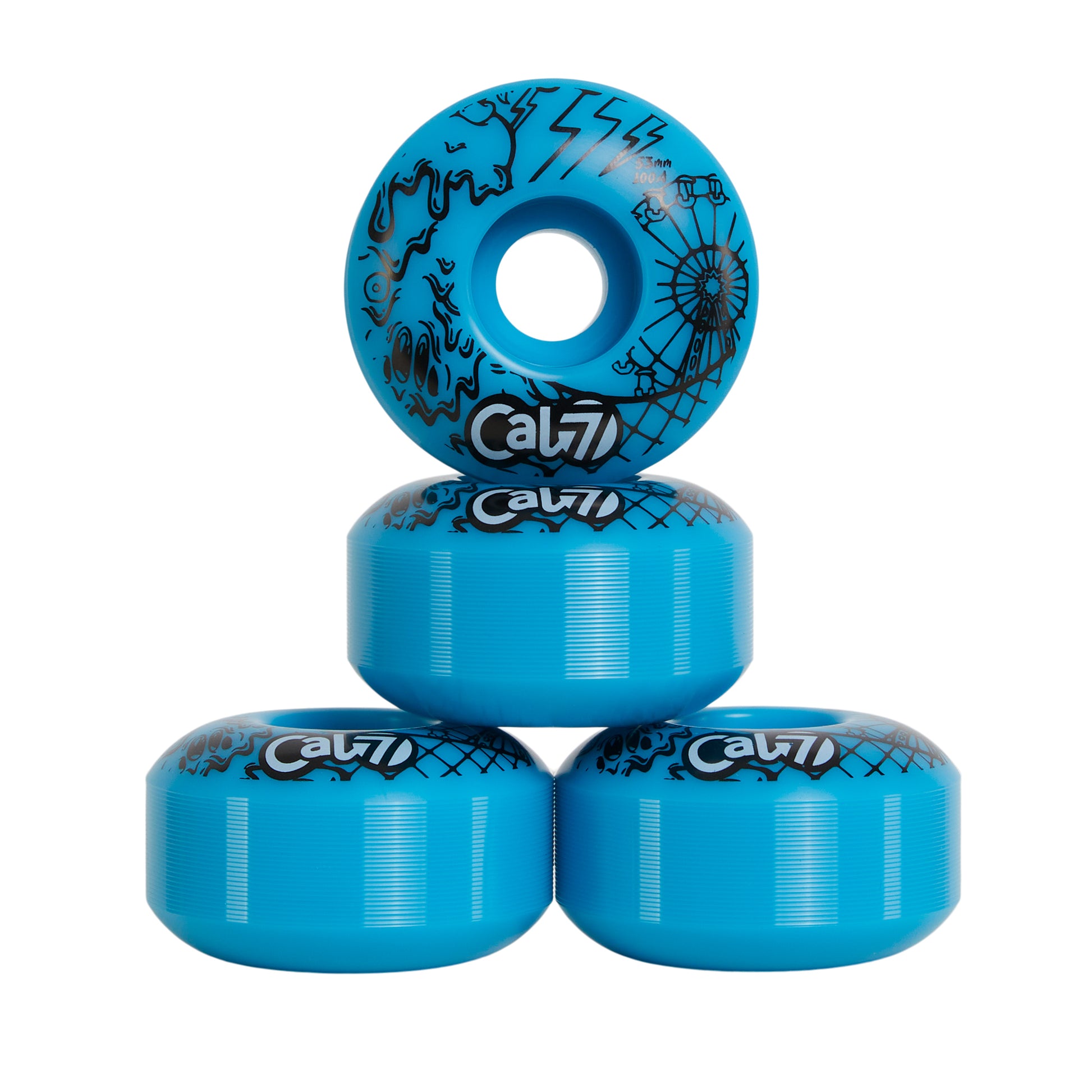 Cal 7 Frenzy 53mm 100A blue skateboard wheels with ice cream linear art design 