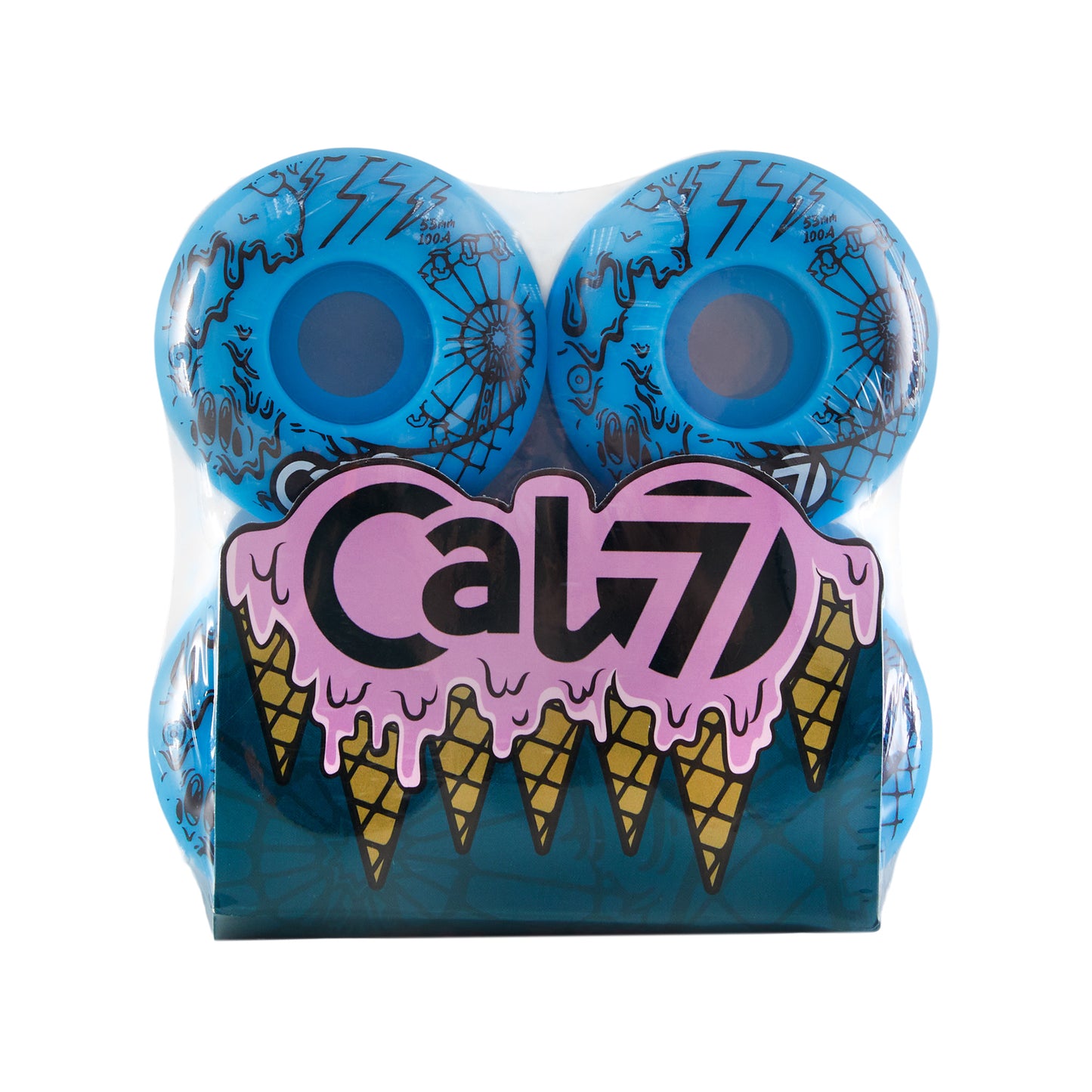 Cal 7 Frenzy 53mm 100A blue skateboard wheels with ice cream linear art design 