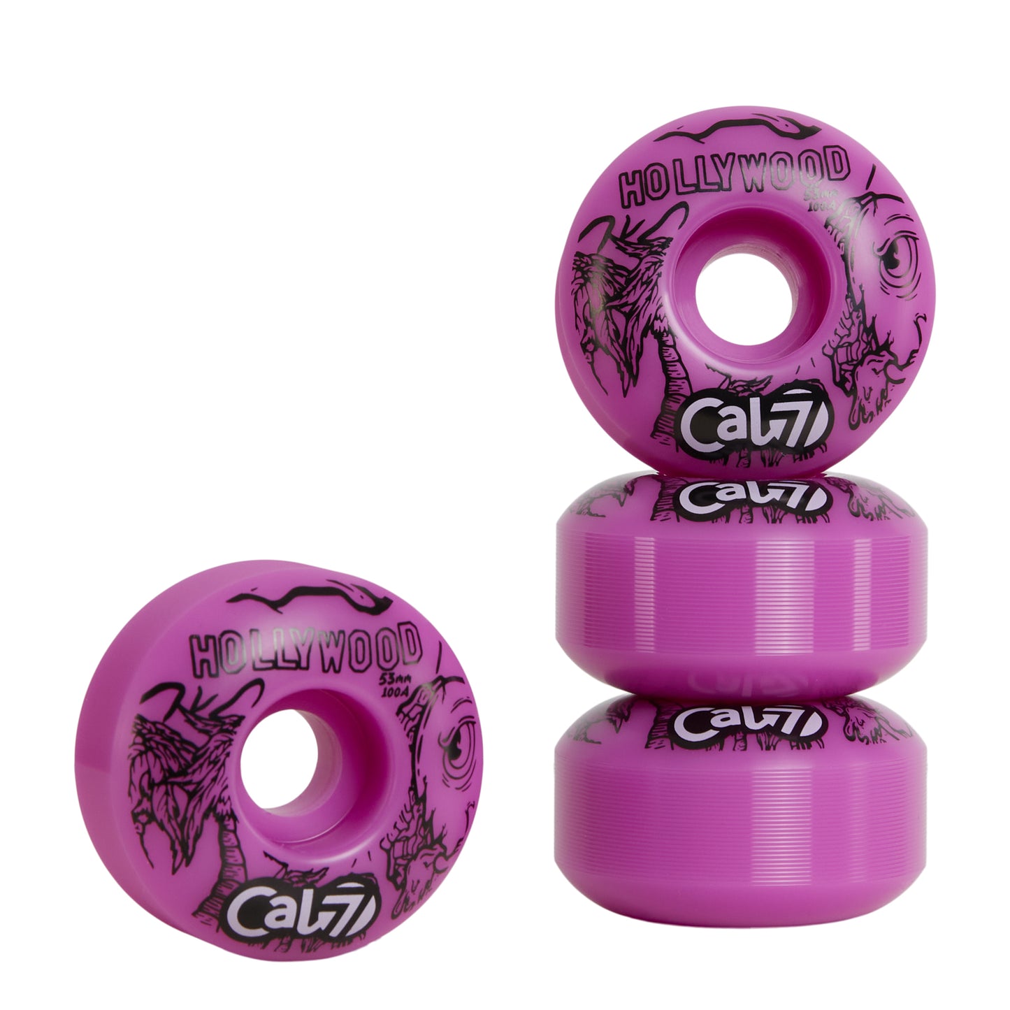 Cal 7 Frenzy 53mm 100A skateboard wheels with taco terror linear art design 