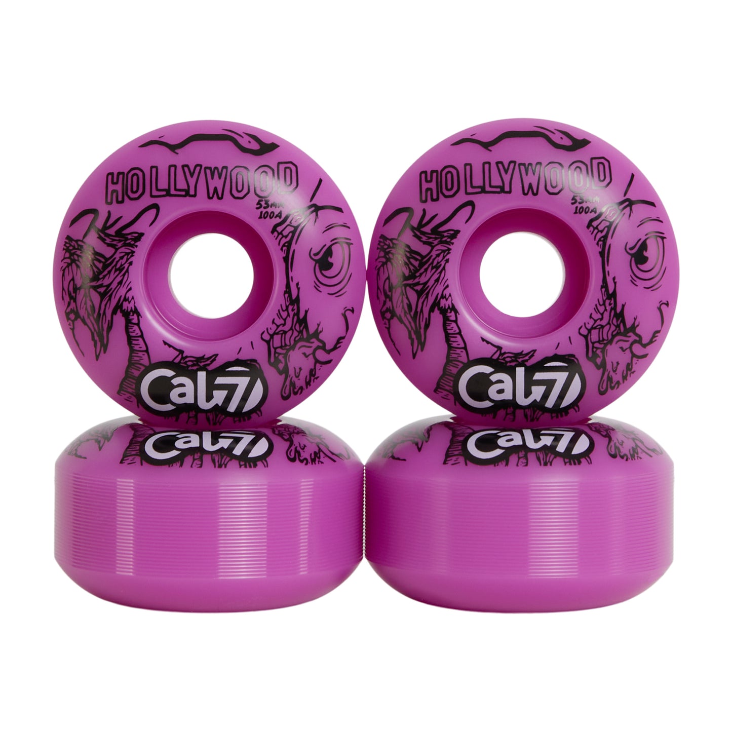 Cal 7 Frenzy 53mm 100A skateboard wheels with taco terror linear art design 