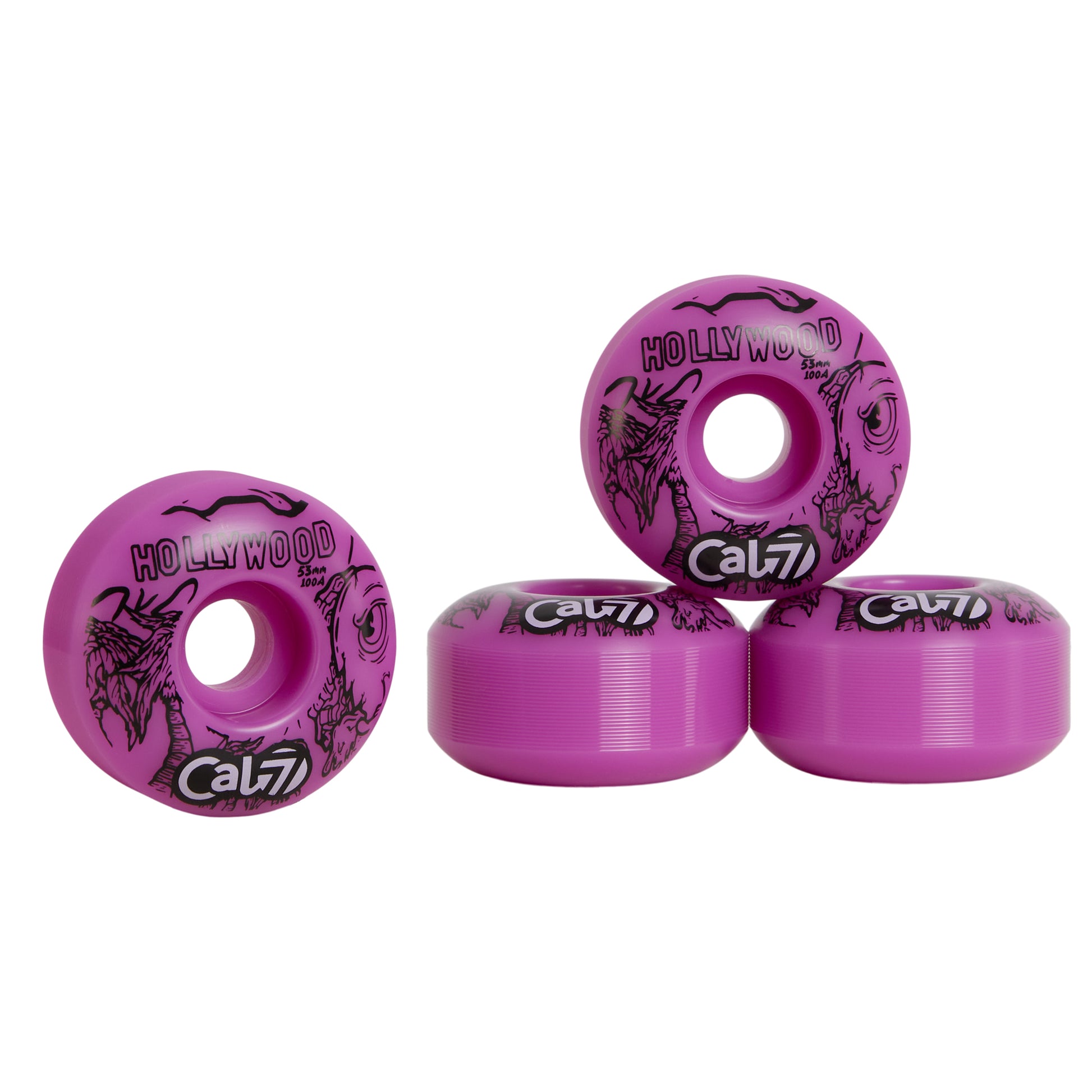 Cal 7 Frenzy 53mm 100A skateboard wheels with taco terror linear art design 