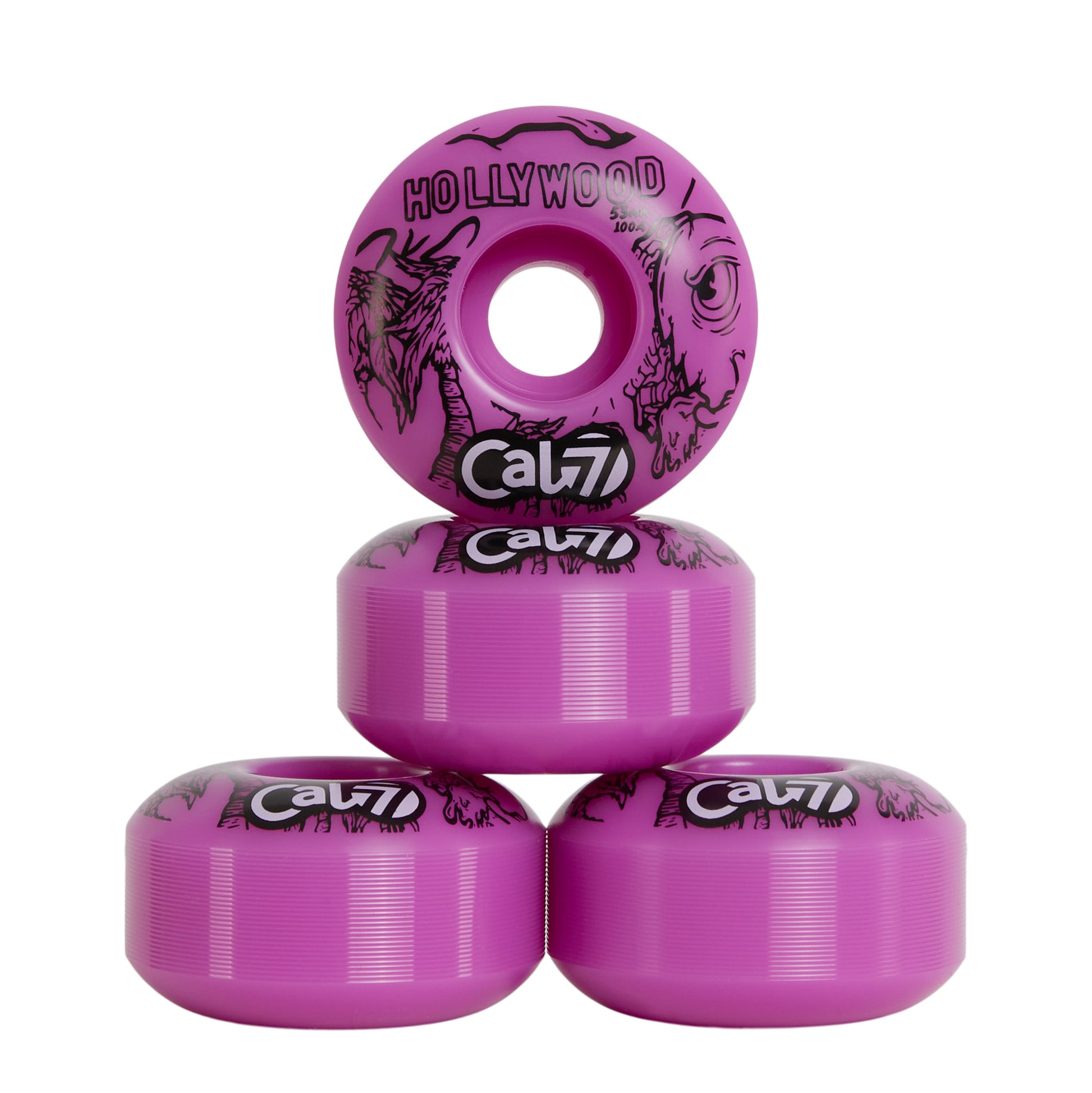 Cal 7 Frenzy 53mm 100A skateboard wheels with taco terror linear art design 