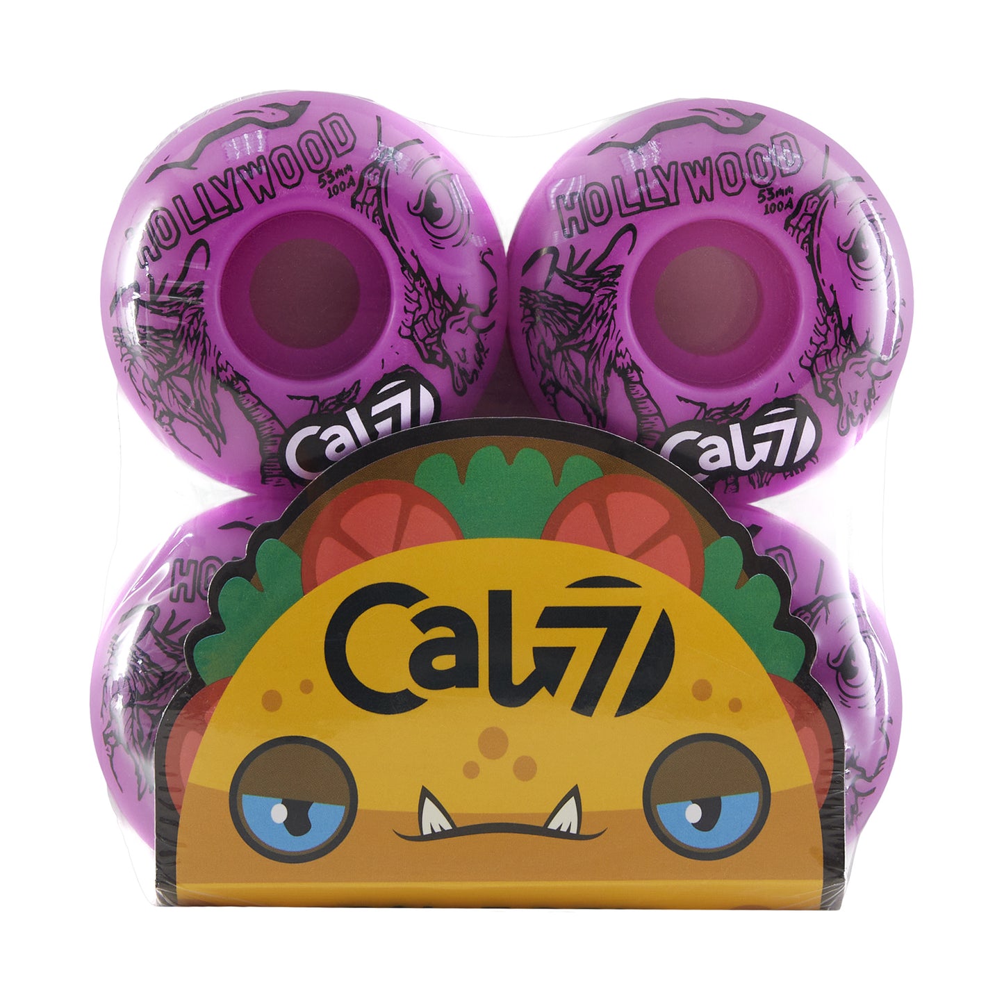 Cal 7 Frenzy 53mm 100A skateboard wheels with taco terror linear art design 