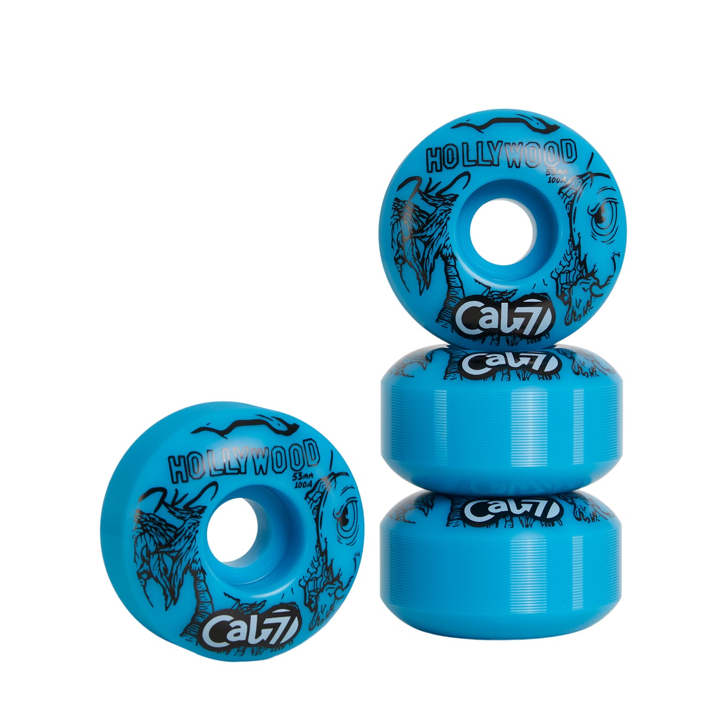 Cal 7 Frenzy 53mm 100A skateboard wheels with taco terror linear art design 