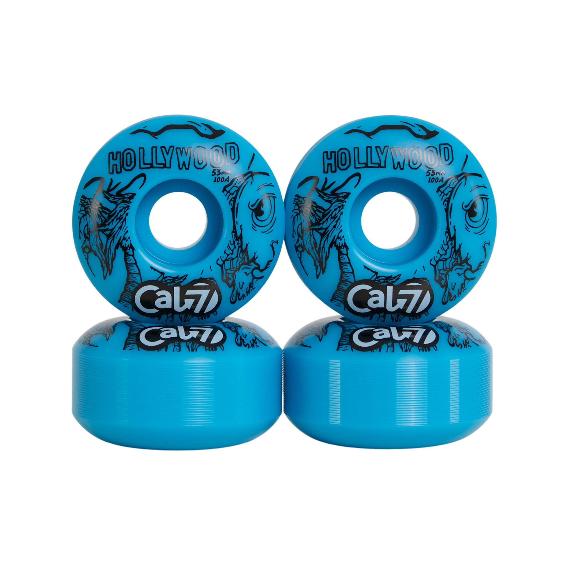 Cal 7 Frenzy 53mm 100A skateboard wheels with taco terror linear art design 