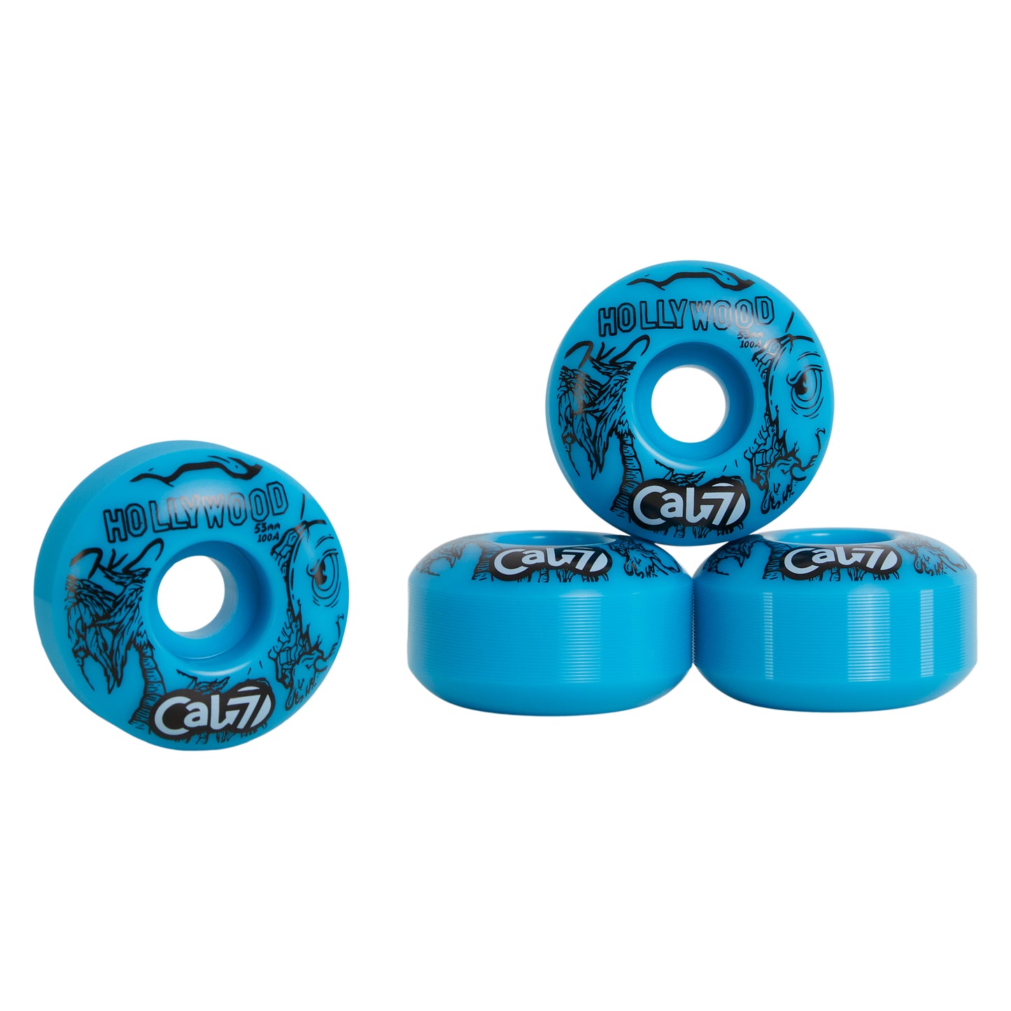 Cal 7 Frenzy 53mm 100A skateboard wheels with taco terror linear art design 