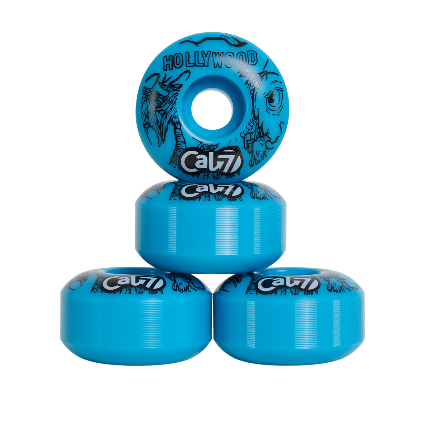 Cal 7 Frenzy 53mm 100A skateboard wheels with taco terror linear art design 