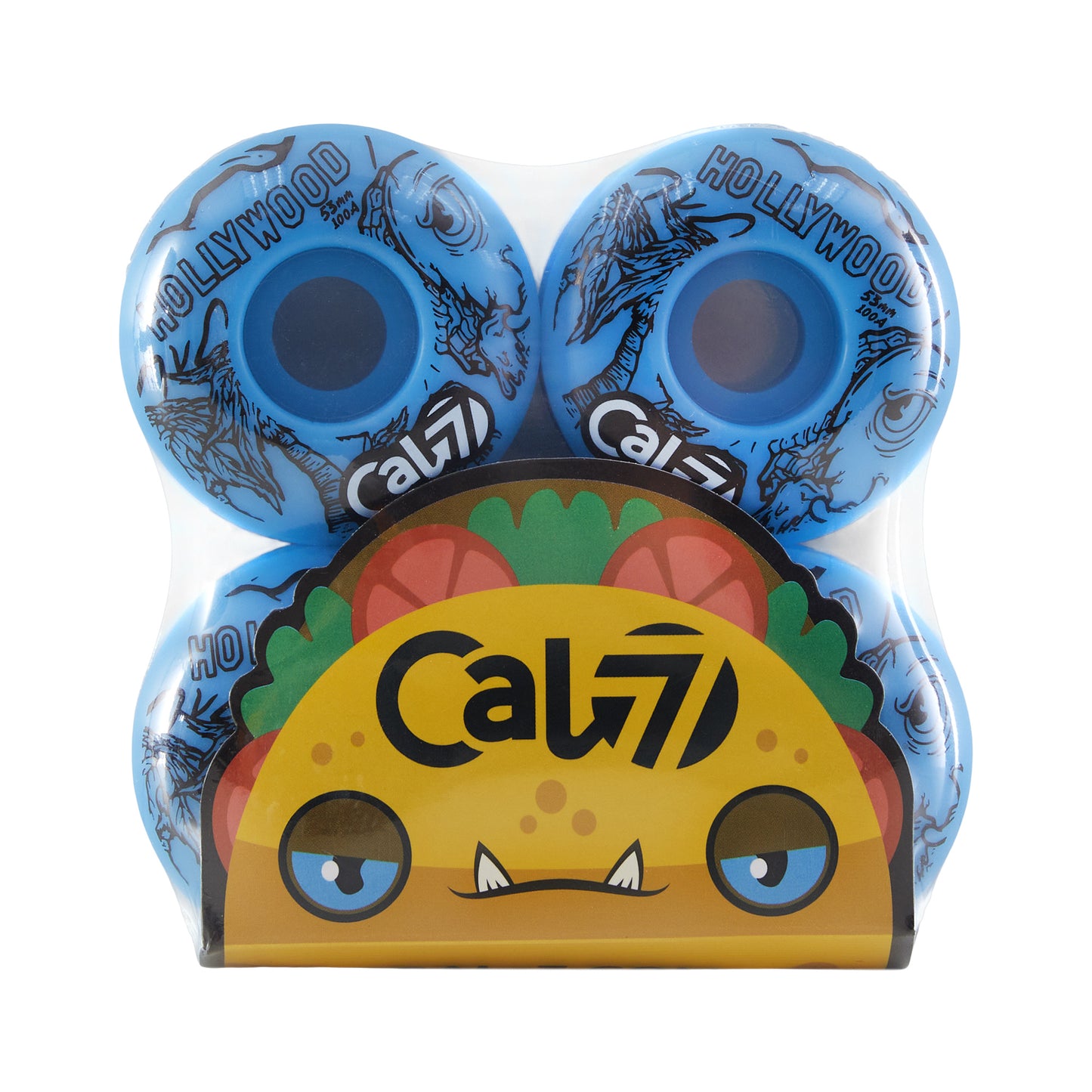 Cal 7 Frenzy 53mm 100A skateboard wheels with taco terror linear art design 