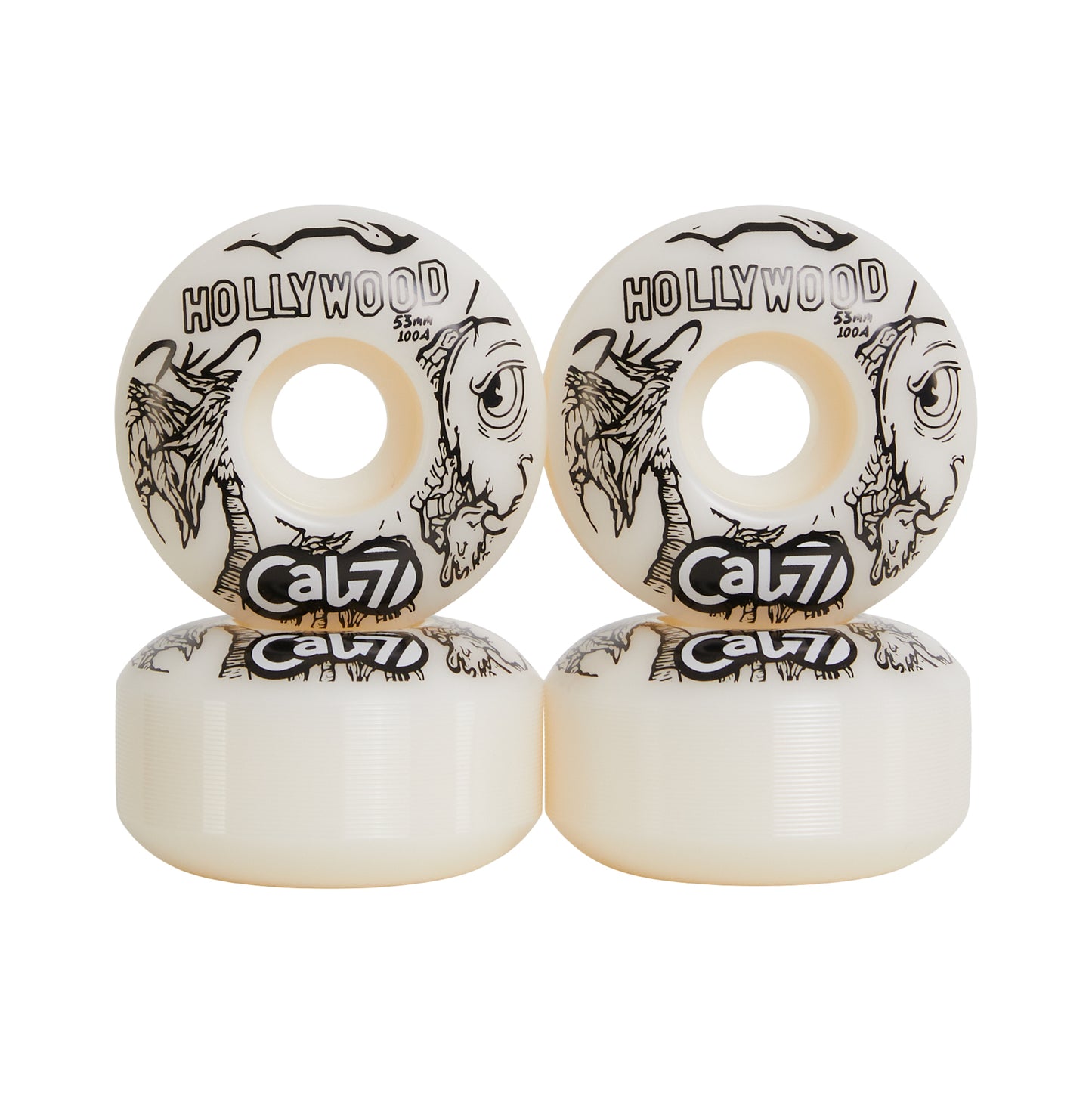 Cal 7 Frenzy 53mm 100A skateboard wheels with taco terror linear art design 