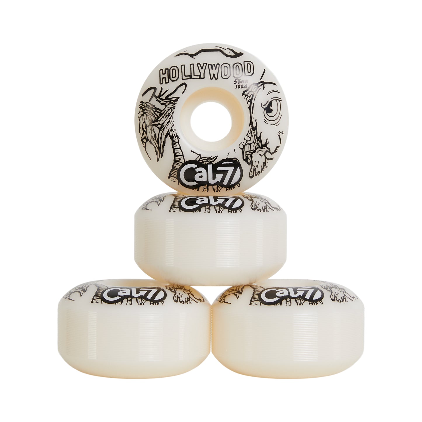 Cal 7 Frenzy 53mm 100A skateboard wheels with taco terror linear art design 